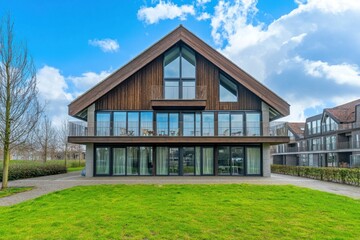 Modern architectural design of a wooden house surrounded by greenery under a bright blue sky in a peaceful neighborhood setting