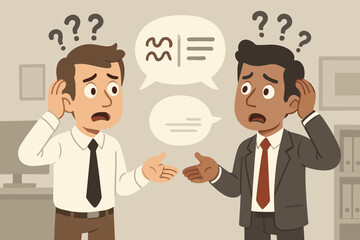 Two confused businessmen facing communication challenges. Misunderstanding and conflict between office colleagues. Language barrier concept with diverse men talking. Dialogue problem vector.