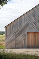 Fototapeta premium Modern wooden barn design showcasing unique diagonal patterns against a serene countryside setting during daylight hours
