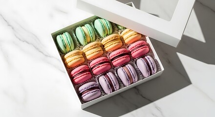 Delightful Rainbow Macarons A Colorful Assortment of French Pastries in an Elegant Gift Box