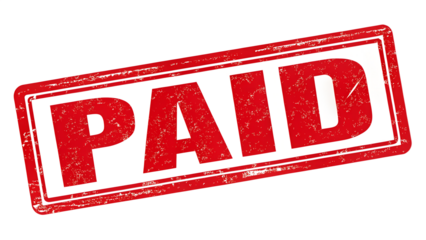 Red grunge paid stamp isolated on white background signifying completion of payment