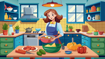 Woman cooking in cozy kitchen with vegetables, soup bowl and food ingredients on counter in colorful interior