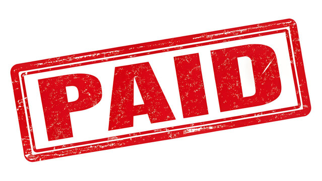 Red grunge paid stamp isolated on white background signifying completion of payment