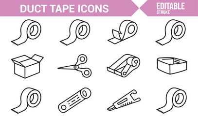 Collection of duct tape icons in black and white linear design for various uses
