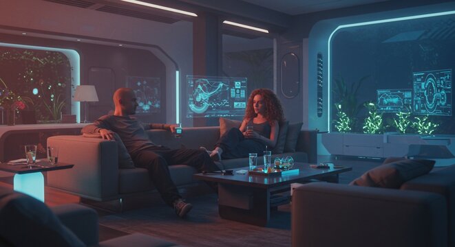 Futuristic Lounge with Relaxing Couple - Powered by Adobe