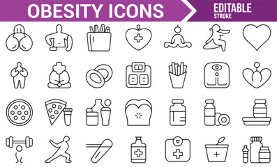 Collection of obesity and fitness icons to promote healthy eating, exercise, and weight loss.
