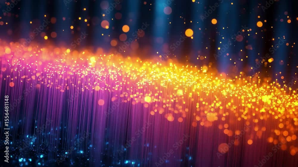 Poster Colorful abstract light patterns create a vibrant display of shimmering particles and flowing lines in a dark setting