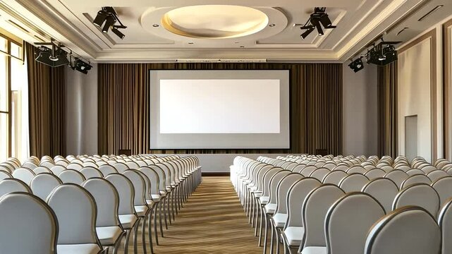 Modern conference hall with rows of empty chairs facing a large projection screen, ideal for events