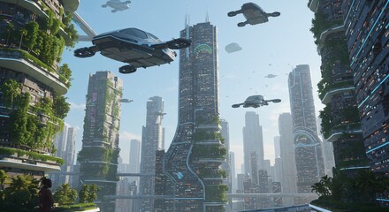 Verdant future metropolis with flying cars