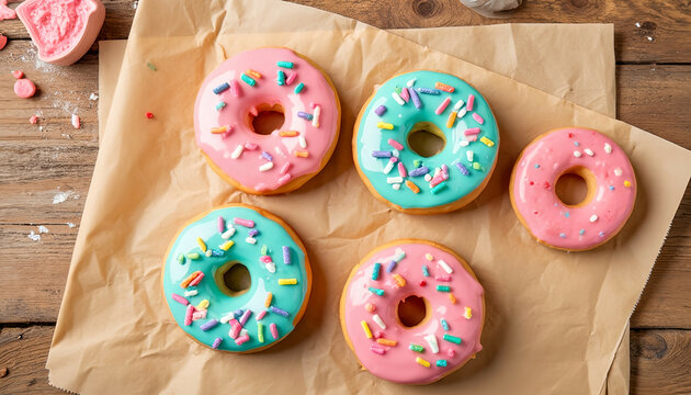 Colorful donuts with pink and blue icing on permanent paper - Powered by Adobe