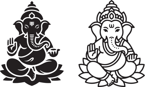 Lord Ganesha silhouette and outline icons sets