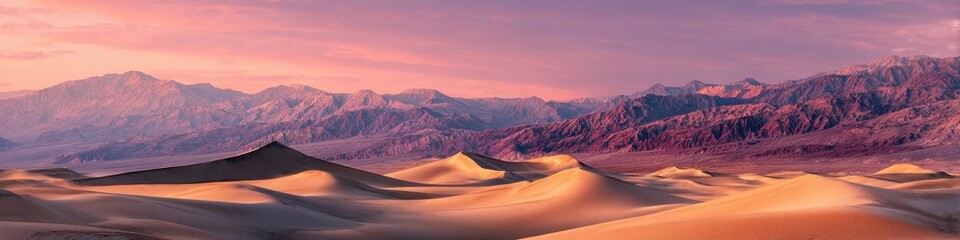 Fototapeta premium Warm desert landscape with layered dunes under a hazy pink sky and purple mountains