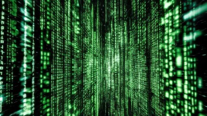 Visual representation of digital data flowing in a futuristic virtual environment with green binary code - Powered by Adobe