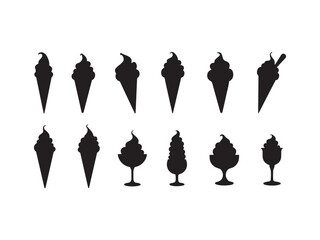 Black ice cream silhouettes in cones and cups soft serve
