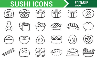 Black and White Icon Set Featuring Various Sushi and Sashimi Types