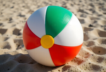 shot of a colorful beach ball with red white green and yellow panels in bright lighting