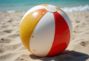 shot of a colorful beach ball with red white green and yellow panels in bright lighting