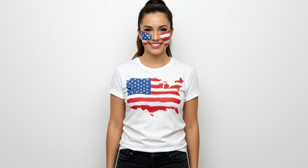 4th of July – AI-Generated Woman Wearing Jeans and T-Shirt in U.S. Flag Colors with Painted Face Celebrating American Independence and Patriotic Spirit