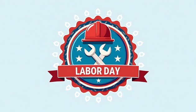 Labor Day Emblem: The emblem symbolizes the spirit of Labor Day, highlighting essential tools of the trade set against a bright backdrop, and evoking respect and gratitude.