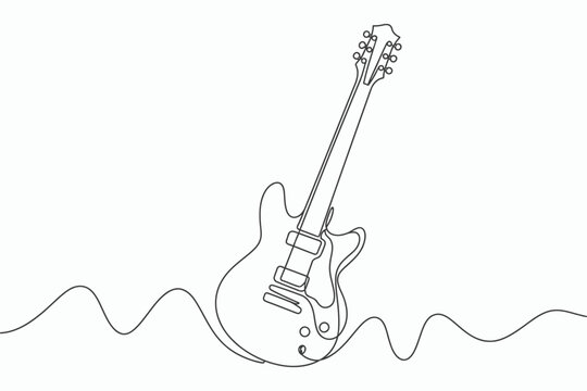 Continuous line drawing of an electric guitar with a wavy sound wave base