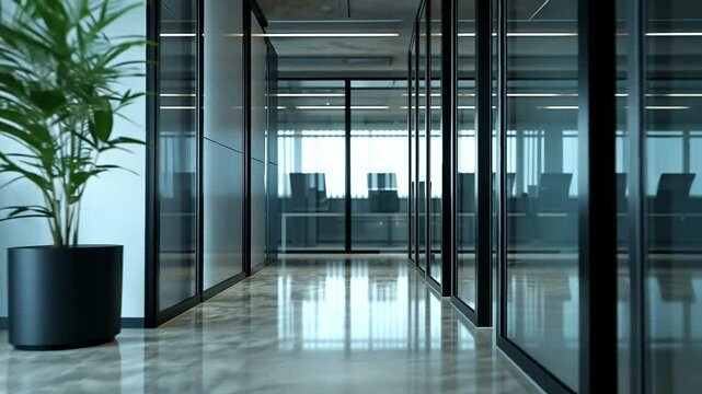 Modern office corridor with glass walls, potted plant, and empty conference room in background