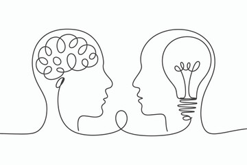 Two abstract heads facing each other one with a brain and the other with a lightbulb