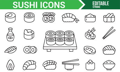 Line Art Collection of Sushi and Japanese Food Icons for Creative Design