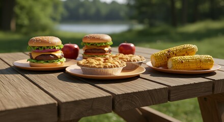 4th of July Independence Day – Outdoor Celebration with Classic American Foods Including Hamburgers, Apple Pies, and Grilled Corn Symbolizing Tradition and Festivity