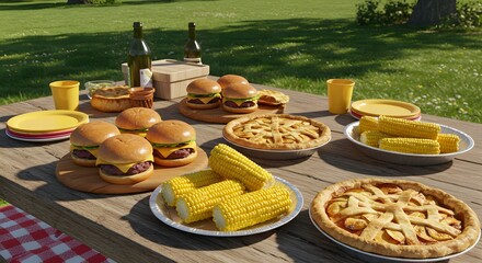 4th of July Outdoor Celebration – U.S. Independence Day Picnic with Hamburgers, Apple Pies, Grilled Corn, BBQ, and Refreshing Drinks in Patriotic Setting