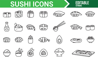 Black and White Sushi Icons Set for Food Menus and Digital Projects