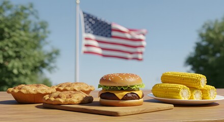 4th of July Independence Day – Outdoor Celebration with Classic American Foods Including Hamburgers, Apple Pies, and Grilled Corn Symbolizing Tradition and Festivity