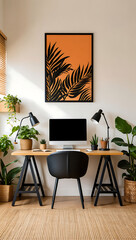 Modern minimalist home office workspace with tropical plant art, natural light, and black accents.