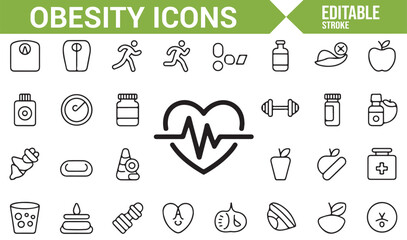 Collection of icons depicting nutrition, weight loss, and healthy lifestyle choices