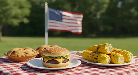 4th of July Independence Day – Outdoor Celebration with Classic American Foods Including Hamburgers, Apple Pies, and Grilled Corn Symbolizing Tradition and Festivity