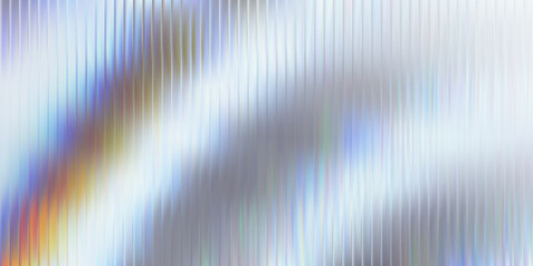 Iridescent glass texture with vertical ribbed lines and soft blue, amber, violet gradient ripple. Holographic distortion, modern translucent surface, futuristic vector illustration.