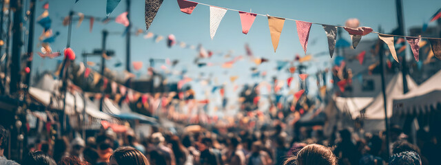 A sunny outdoor festival with colorful bunting flags and a crowd enjoying the festivities   -