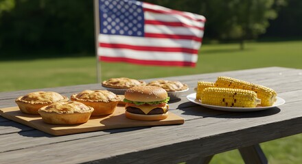 4th of July Independence Day – Outdoor Celebration with Classic American Foods Including Hamburgers, Apple Pies, and Grilled Corn Symbolizing Tradition and Festivity
