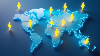 Global Energy Distribution Map: Lightning Bolts Marking Power Sources
