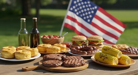 4th of July Outdoor Celebration – U.S. Independence Day Picnic with Hamburgers, Apple Pies, Grilled Corn, BBQ, and Refreshing Drinks in Patriotic Setting