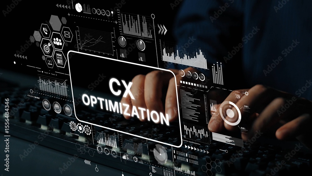 Poster hands on keyboard engaged in customer experience optimization with digital interfaces and graphical 