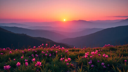 Majestic Sunrise Over Mountain Meadows Filled with Pink Flowers
