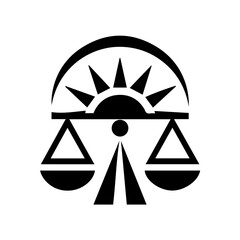 Black and white flat icon of the Libra zodiac sign featuring a stylized balance scale 