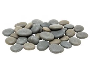 A collection of smooth river stones piled together in a close up view on a simple solid surface on transparent background