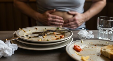 Stomach Ache After Eating Person Holding Belly with Dirty Dishes