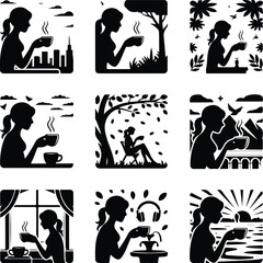 Girl Drinking Coffee Silhouette Set – Stylish Morning Icon Collection Coffee Lover Female Vector Icons – Minimal Girl & Hot Drink Design
