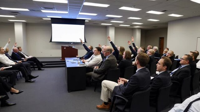Customers asking questions in corporate seminar setting