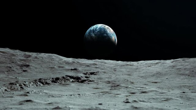 AI-generated illustration of Earth rising above the moon horizon in the vast darkness of outer space