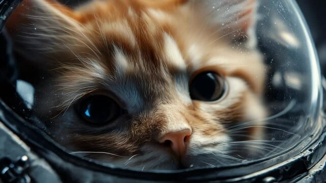 AI-generated illustration of a fluffy kitten inside a tiny space helmet gazing out with wide eyes
