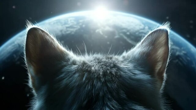 AI-generated cat gazing at Earth from space, seen from behind with ears in foreground