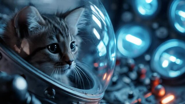 AI-generated illustration of a fluffy kitten inside a tiny space helmet gazing out with wide eyes